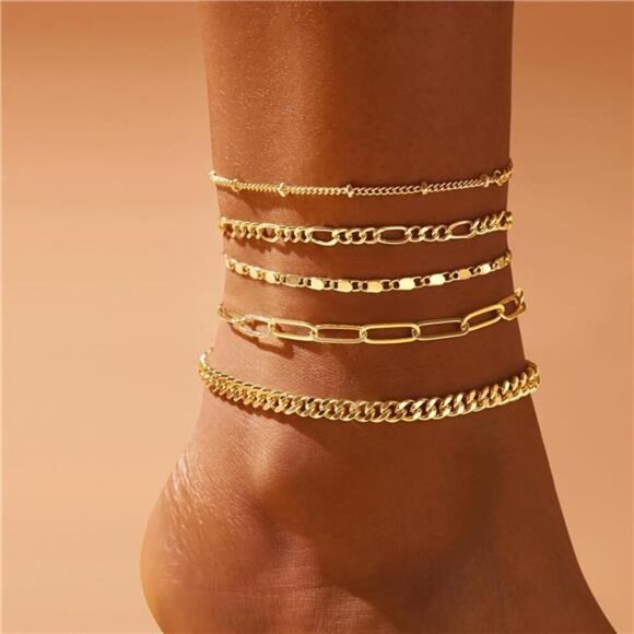 Gold Anklet Set for Women Layered Cuban Figaro Paperclip Waterproof Jewelry - Picture 2 of 7